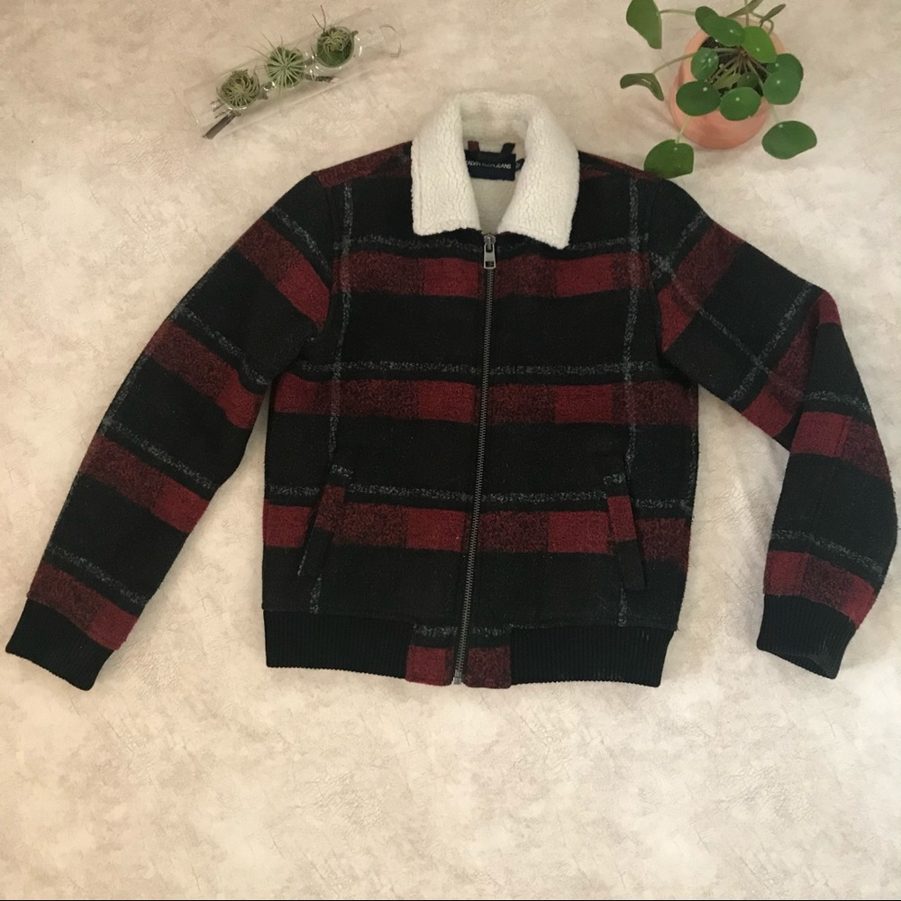 Calvin Klein Red Black Plaid Shearling Jacket M